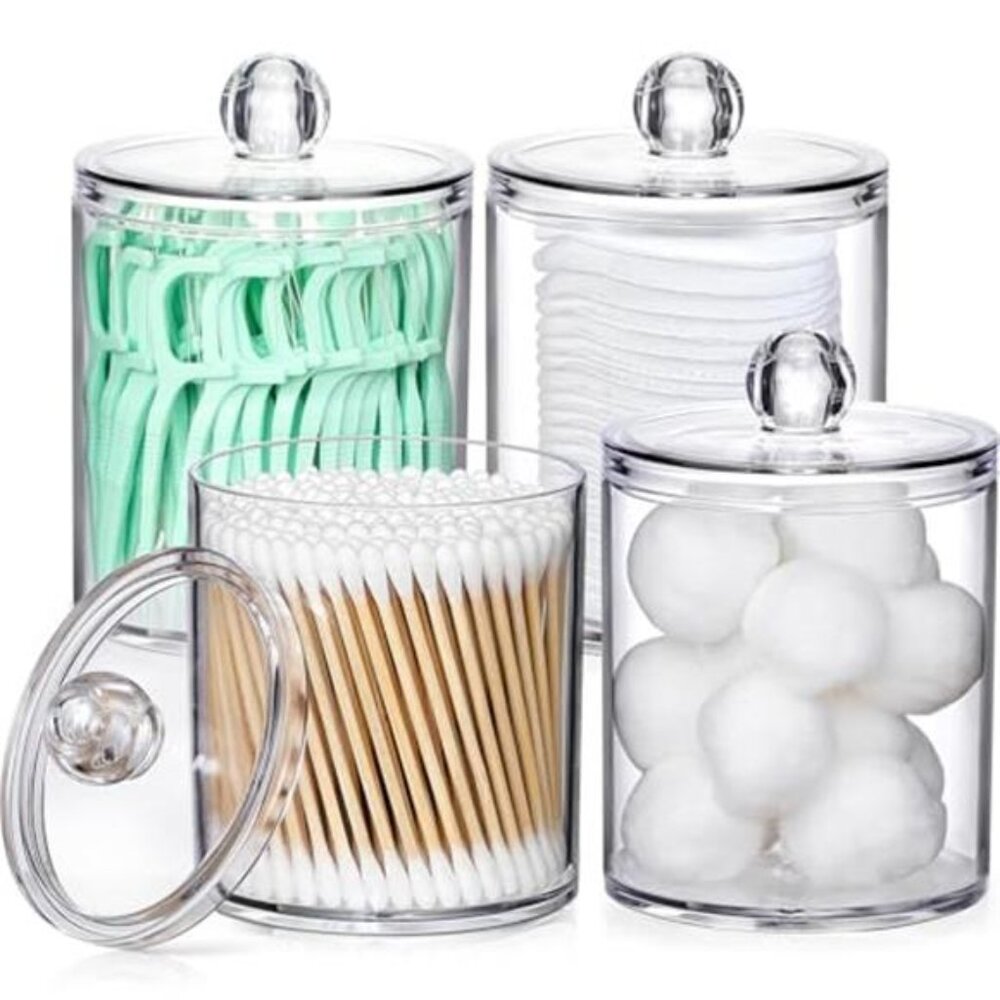Acrylic Qtip Holder Set 4 Clear Bathroom Canisters w Labels